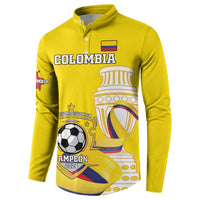 Yellow button-front collared sweatshirt with large Colombia emblem and soccer ball