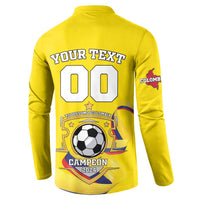 Yellow button-front collared sweatshirt with back 'YOUR TEXT 00' and soccer crest