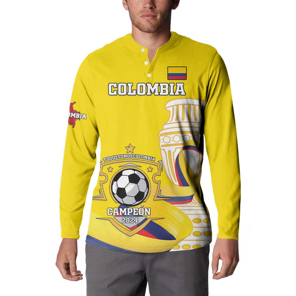 Yellow button-front collared sweatshirt with Colombia text and soccer ball emblem, front