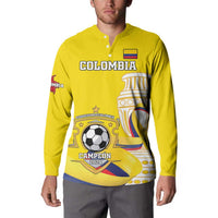 Yellow button-front collared sweatshirt with Colombia text and soccer ball emblem, front