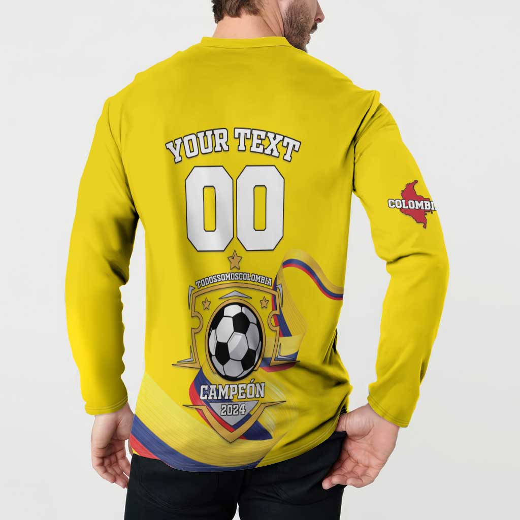 Yellow button-front collared sweatshirt with back 'YOUR TEXT 00' and Colombia soccer crest