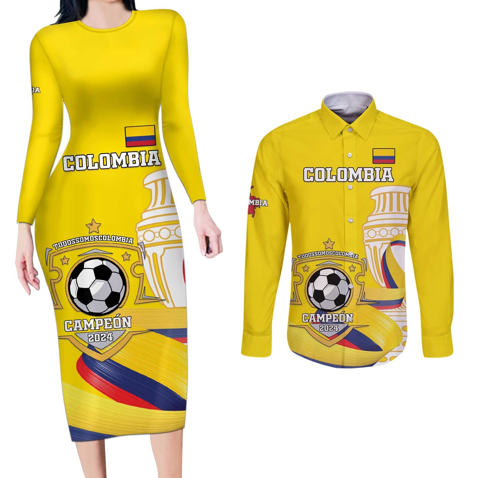 Custom Colombia Football Couples Matching Long Sleeve Bodycon Dress and Long Sleeve Button Shirt Go Champions Unique Style - Wonder Print Shop