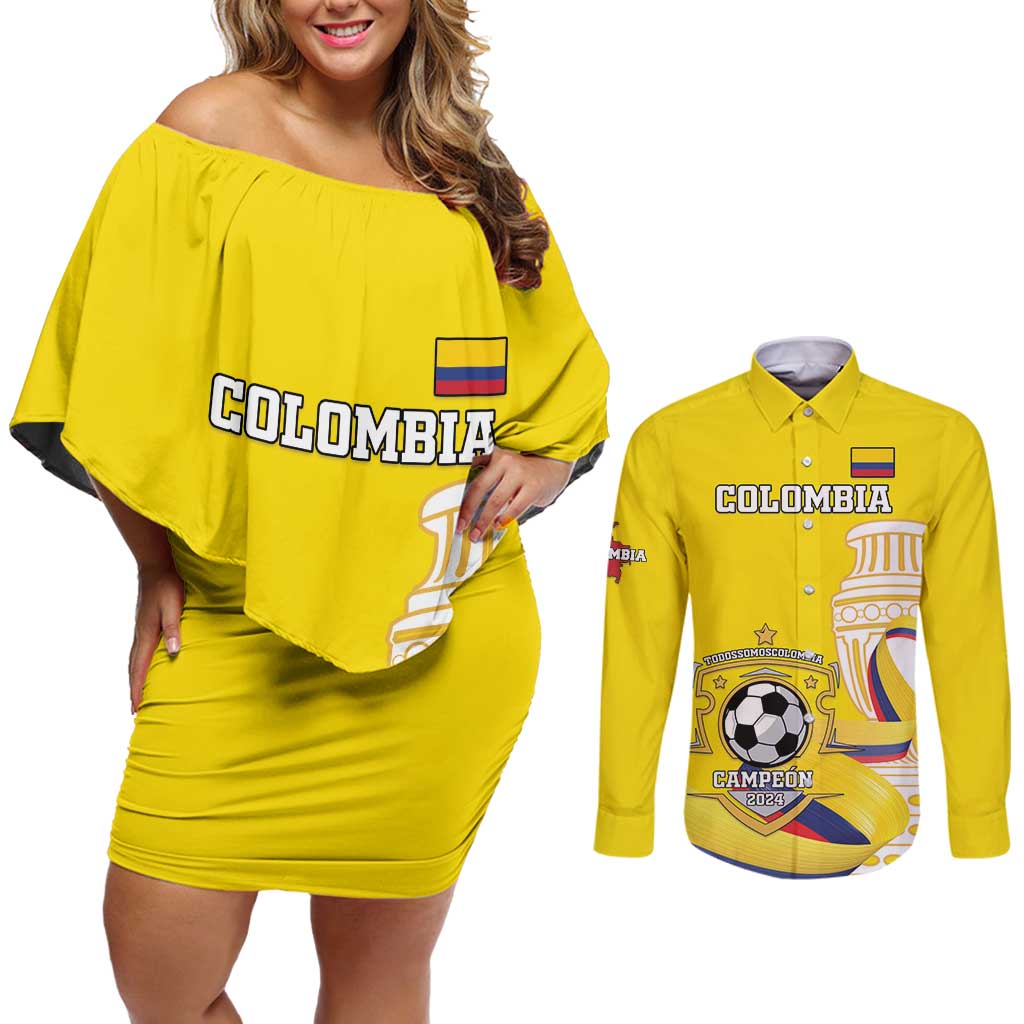 Custom Colombia Football Couples Matching Off Shoulder Short Dress and Long Sleeve Button Shirt Go Champions Unique Style - Wonder Print Shop