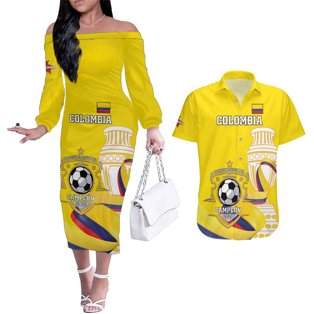 Custom Colombia Football Couples Matching Off The Shoulder Long Sleeve Dress and Hawaiian Shirt Go Champions Unique Style - Wonder Print Shop