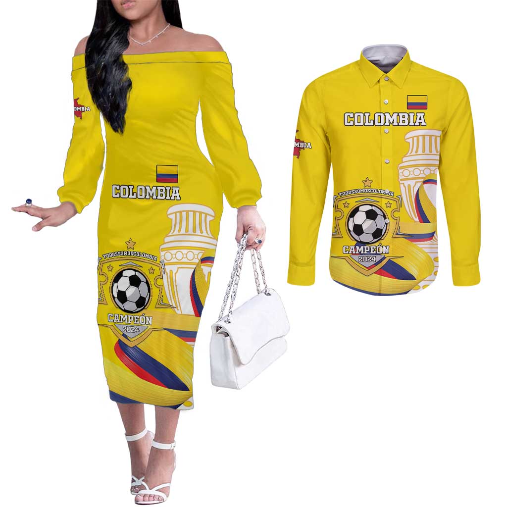 Custom Colombia Football Couples Matching Off The Shoulder Long Sleeve Dress and Long Sleeve Button Shirt Go Champions Unique Style