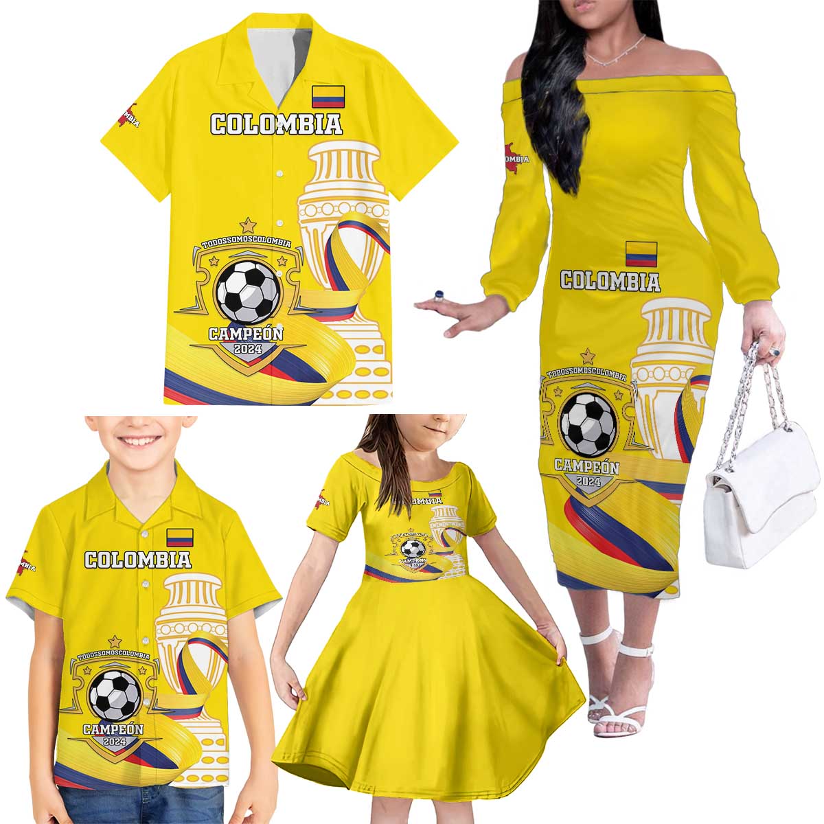 Custom Colombia Football Family Matching Off The Shoulder Long Sleeve Dress and Hawaiian Shirt Go Champions Unique Style - Wonder Print Shop