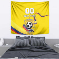 Yellow football tapestry with 00, YOUR TEXT, soccer ball, CAMPEON 2024 badge and stripes