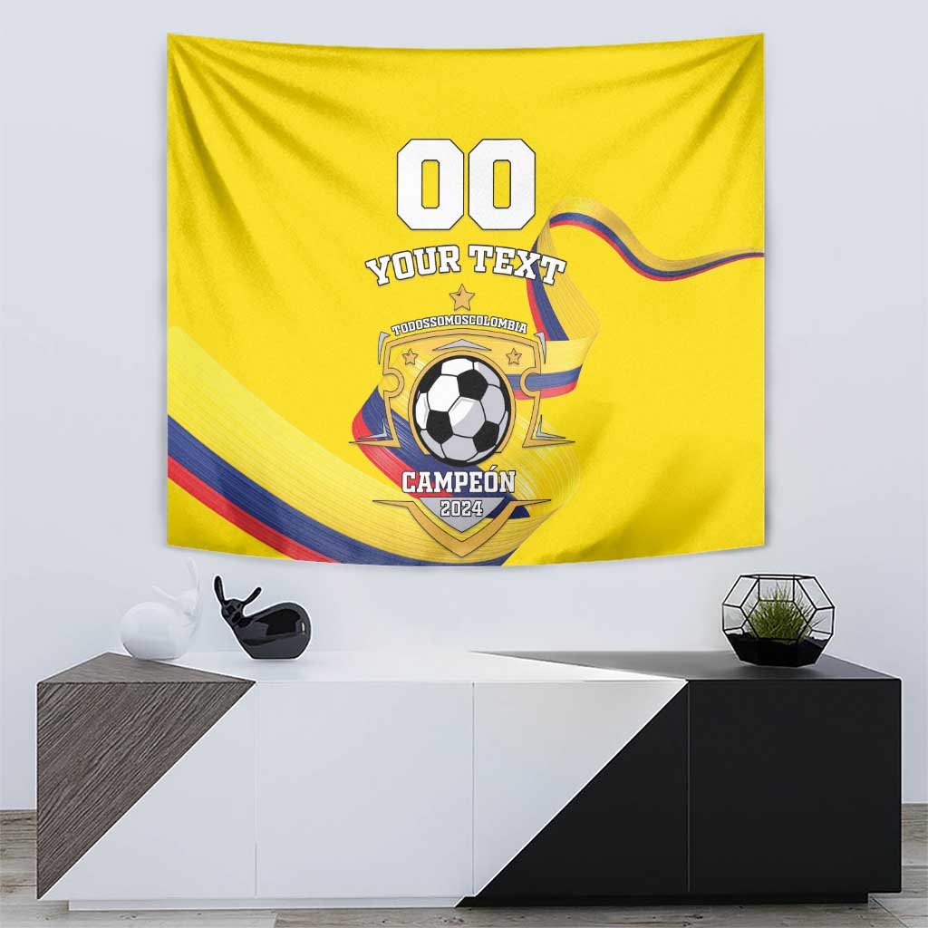 Yellow football tapestry showing 00, YOUR TEXT, soccer ball and CAMPEON 2024 crest