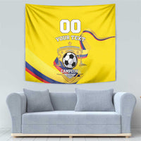 Yellow football tapestry with 00, YOUR TEXT, soccer ball, CAMPEON 2024 crest and ribbons