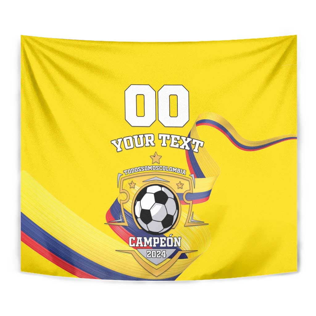 Yellow football tapestry close-up: 00, YOUR TEXT, soccer ball, CAMPEON 2024 badge