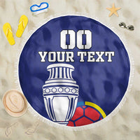 Blue round beach blanket with white fringe edge and trophy graphic, text 'YOUR TEXT'.