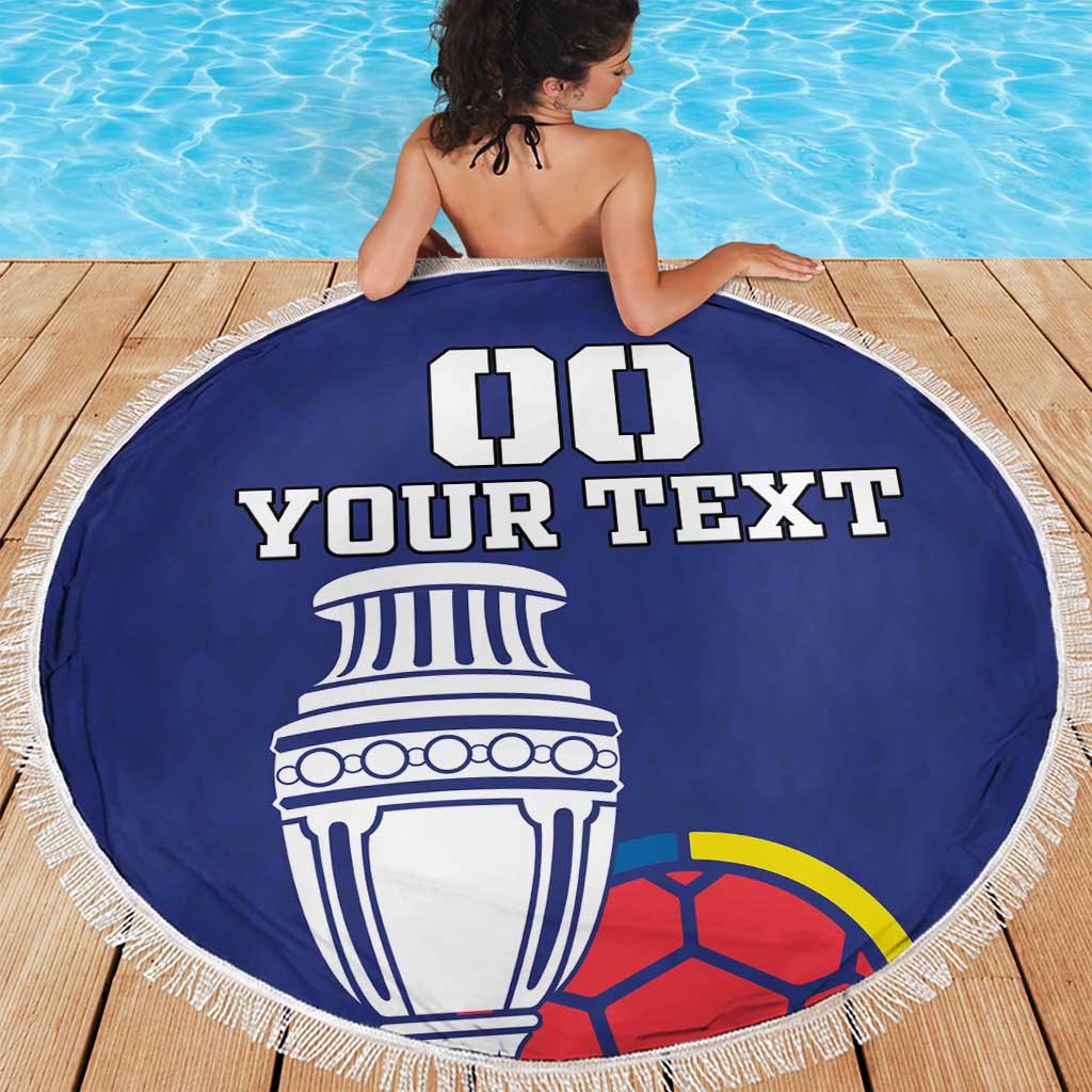 Blue round beach blanket with white fringe edge showing 'YOUR TEXT' and trophy design.