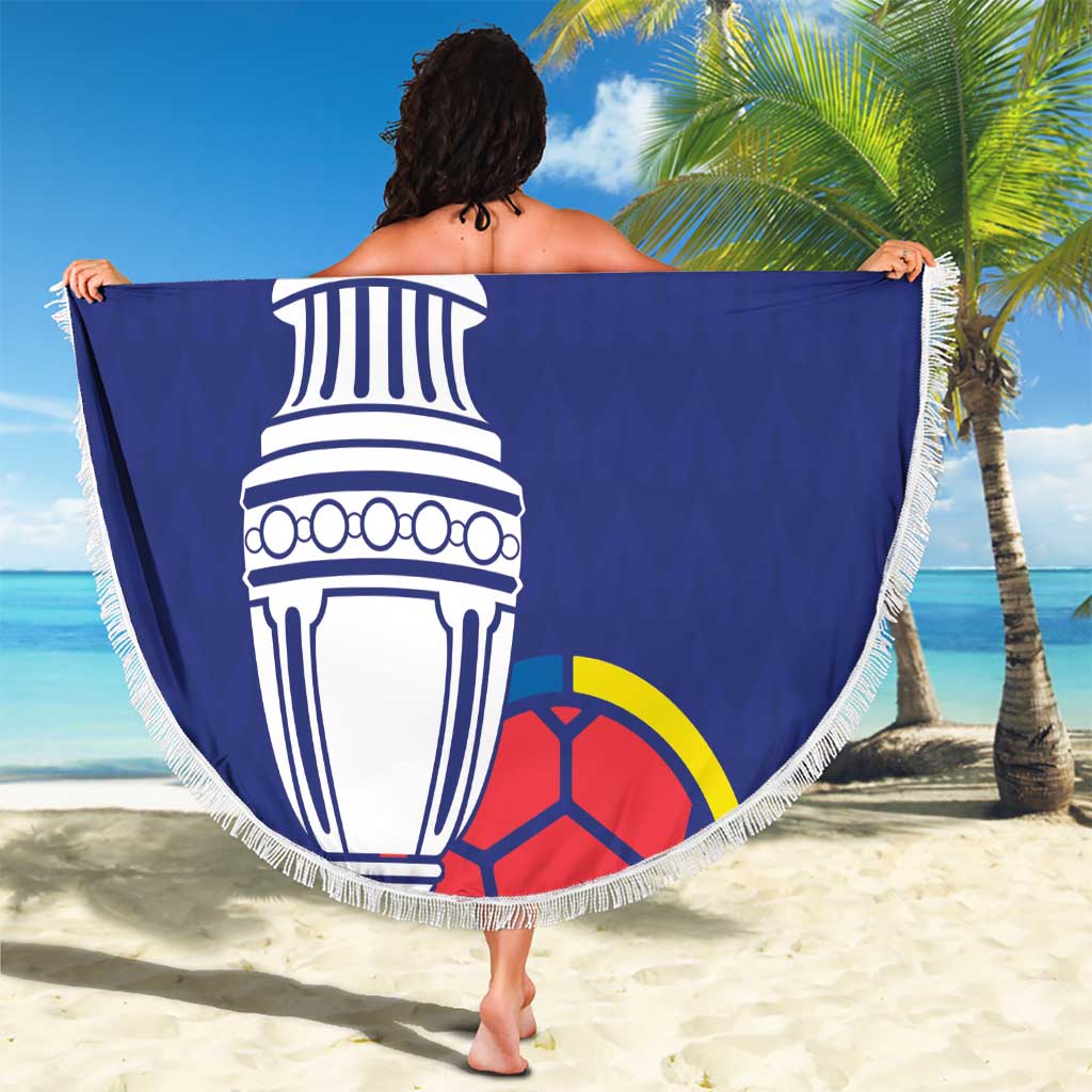 Blue round beach blanket with white fringe edge featuring a trophy, 'YOUR TEXT', and soccer ball.