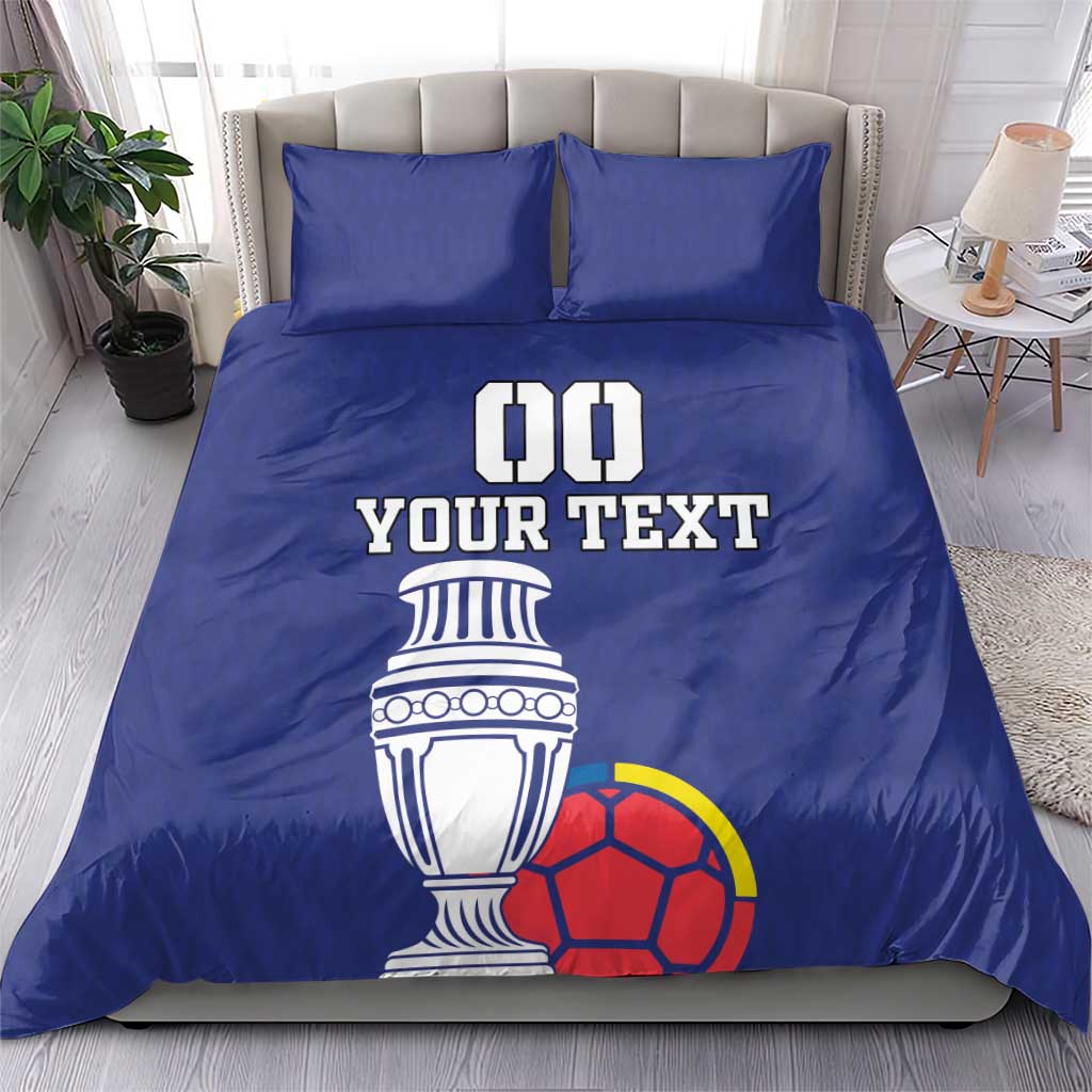 Blue football bedding set with duvet and two pillowcases, 'DO YOUR TEXT' trophy and soccer ball