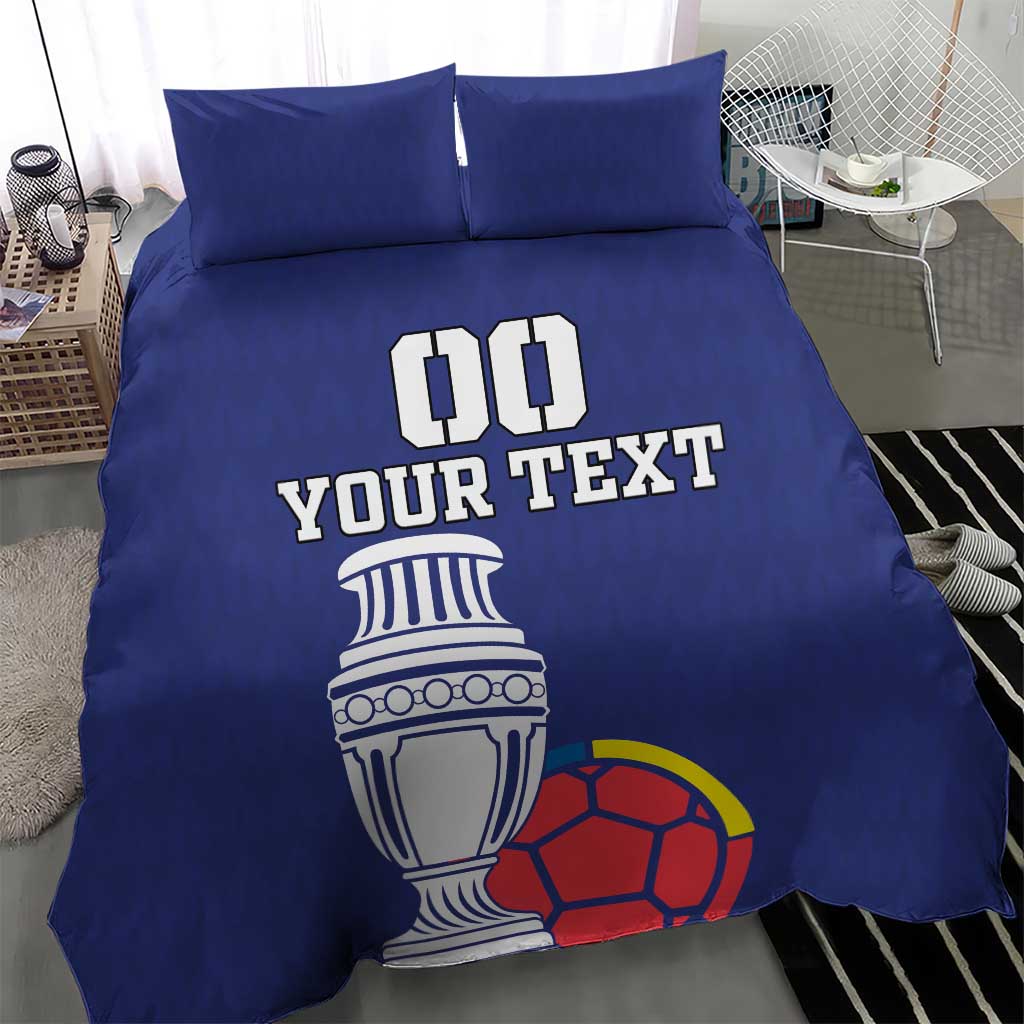 Blue football bedding set with duvet and two pillowcases, 'DO YOUR TEXT' trophy and soccer ball