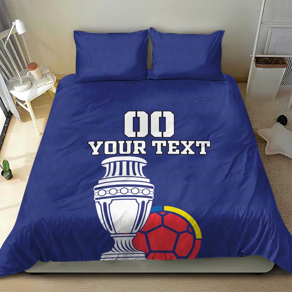 Blue football bedding set with duvet and two pillowcases, 'DO YOUR TEXT' trophy and soccer ball