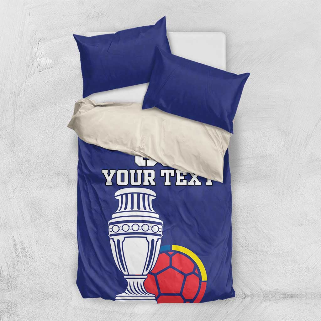 Blue football bedding set with duvet and two pillowcases, 'DO YOUR TEXT' trophy and soccer ball