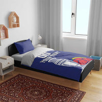 Blue football bedding set with duvet and two pillowcases, trophy and soccer ball print and 'DO YOUR TEXT'