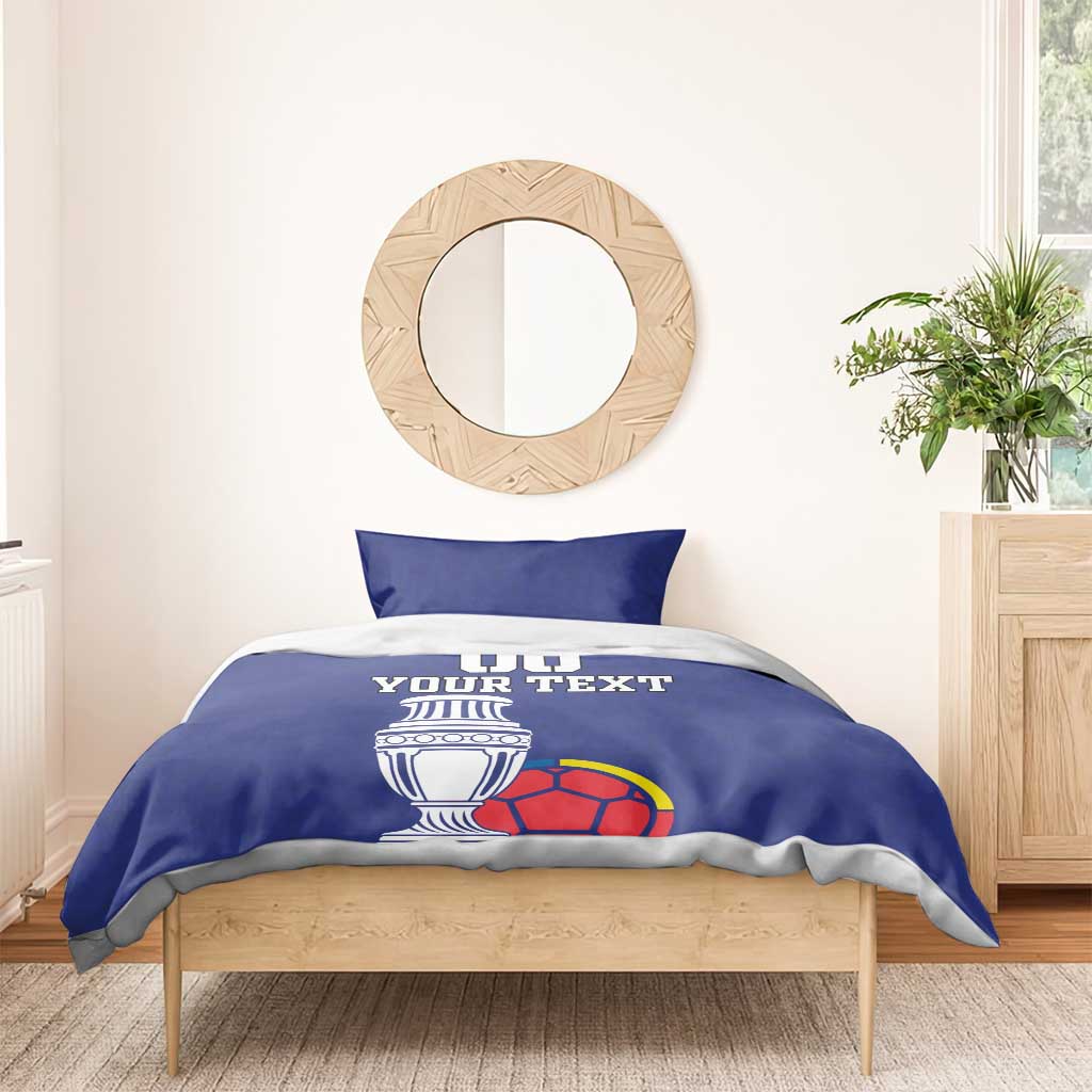 Blue football bedding set with duvet and two pillowcases, 'DO YOUR TEXT' trophy and soccer ball