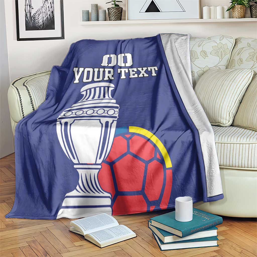 Blue and gray two-sided football blanket with custom text and cup-ball graphic