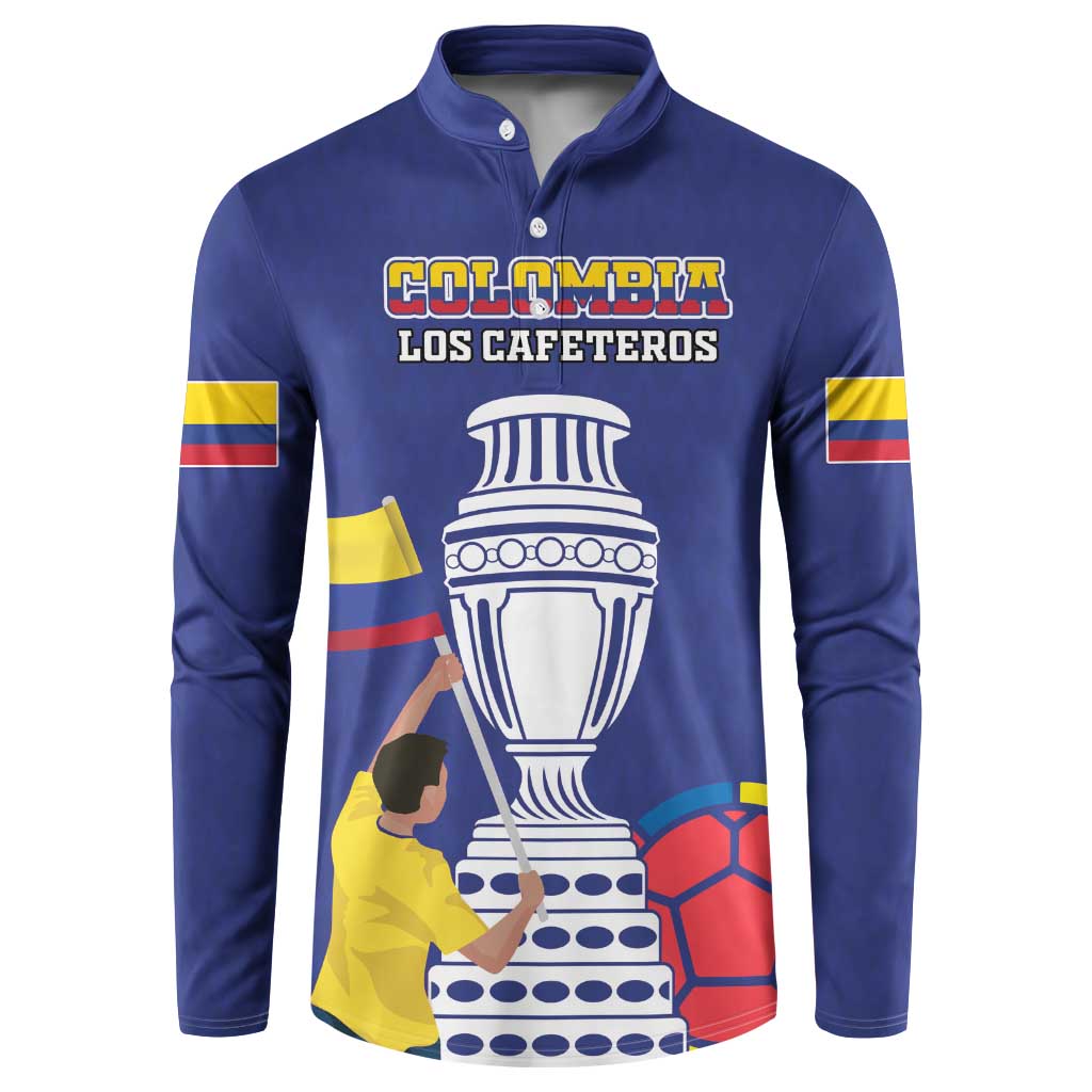 Navy blue football button sweatshirt with 'LOS CAFETEROS' crest, cup and soccer ball
