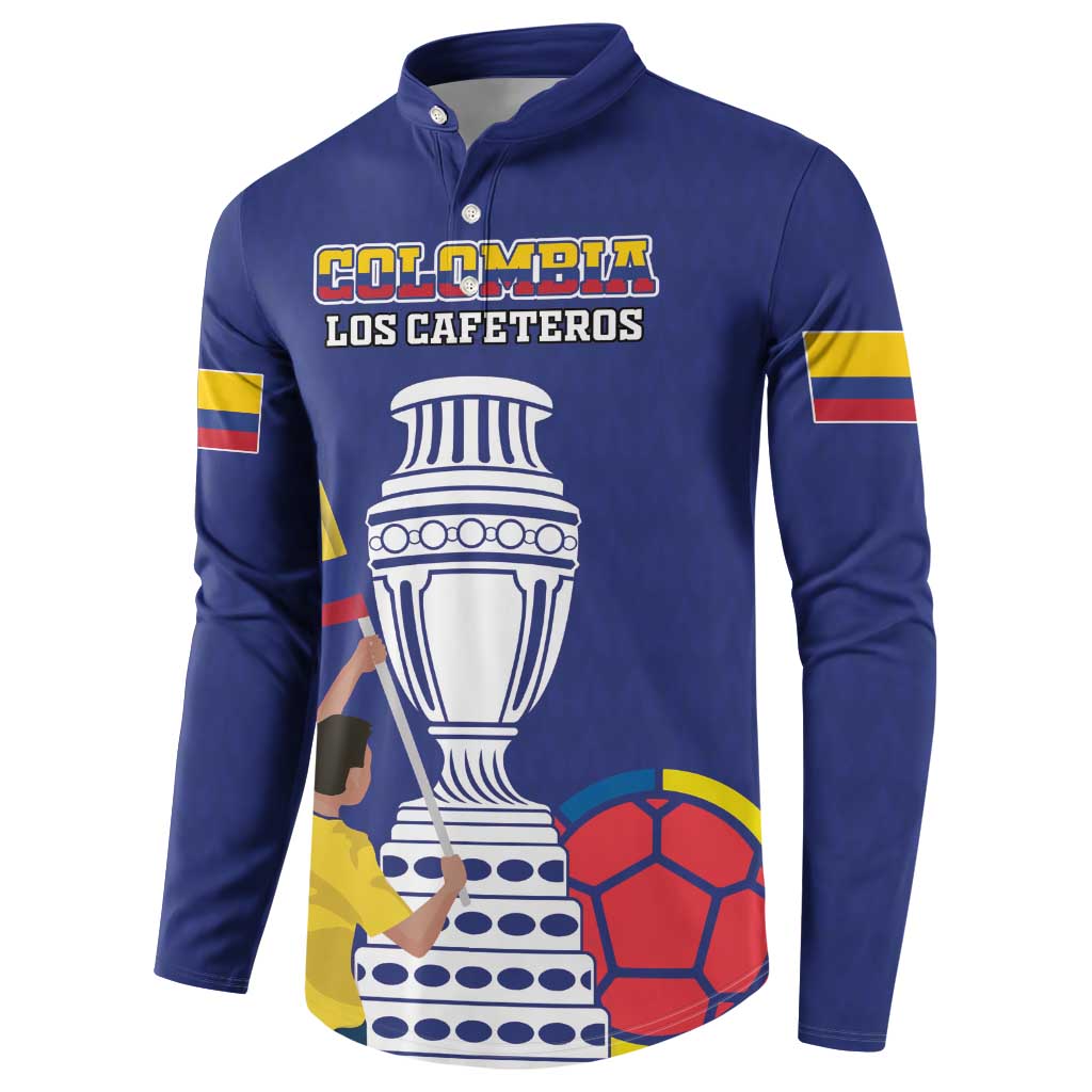 Navy blue football button sweatshirt with Colombia-style cup graphic, crest text, flag sleeves