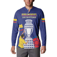 Navy blue football button sweatshirt with 'LOS CAFETEROS' crest, player and cup design, flag sleeve