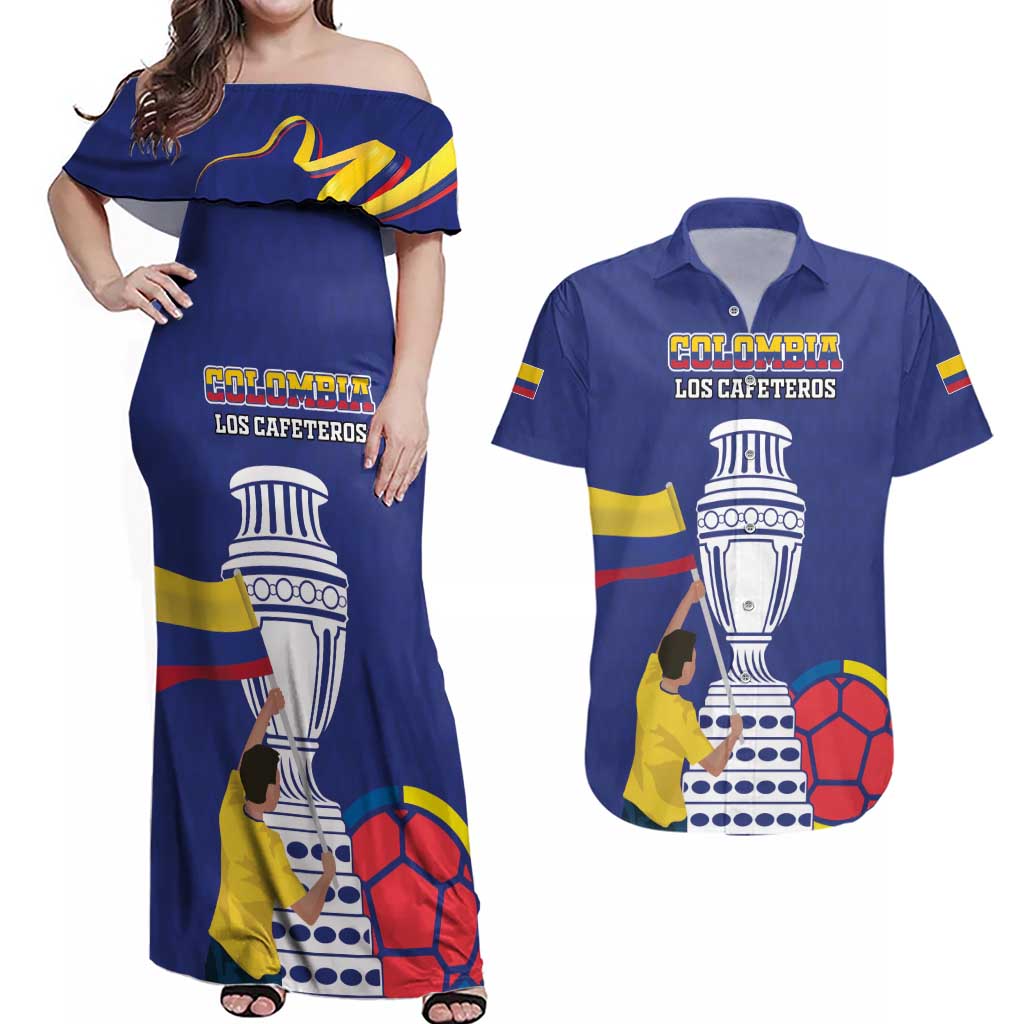 Custom Colombia Football Couples Matching Off Shoulder Maxi Dress and Hawaiian Shirt 2024 Copa America - Wonder Print Shop