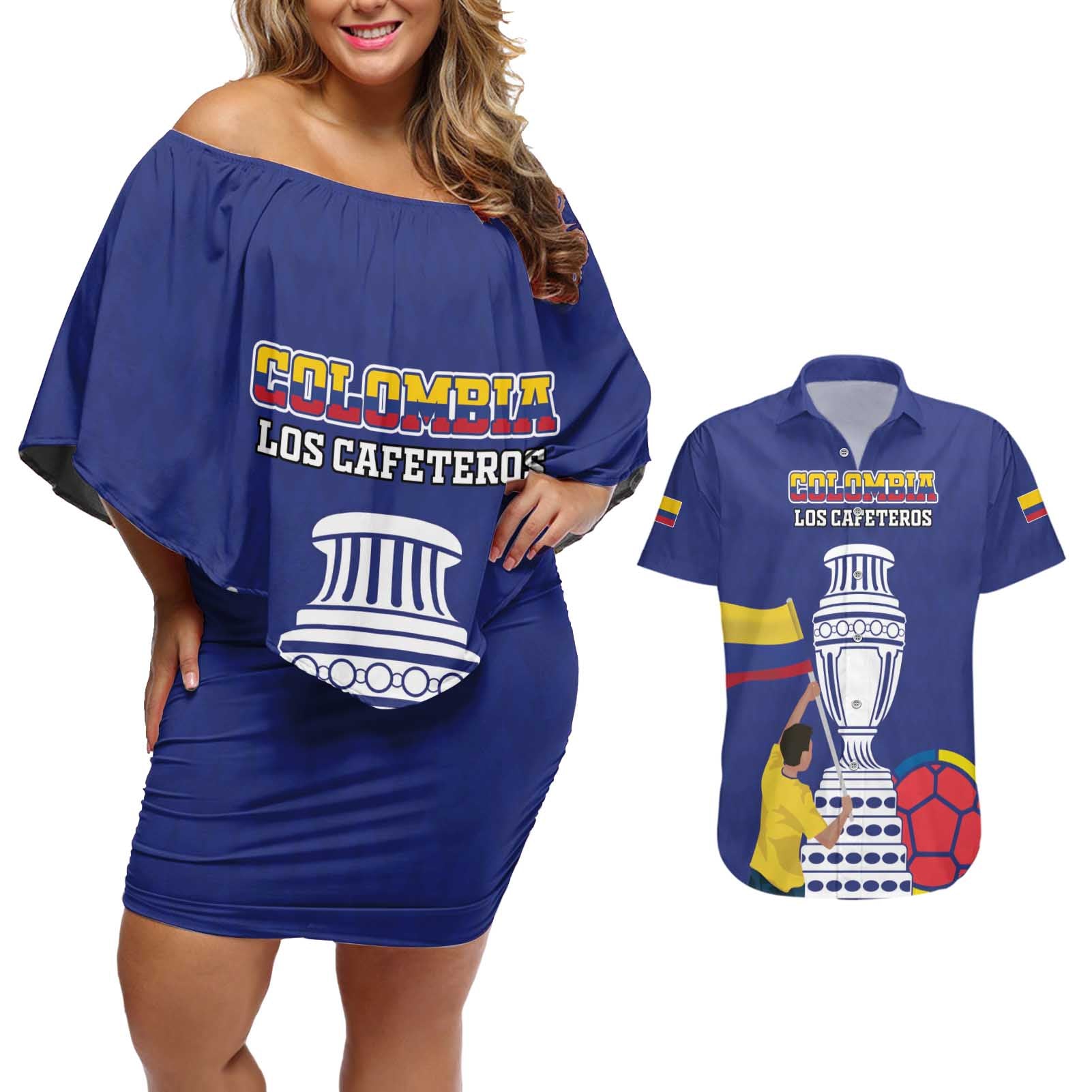 Custom Colombia Football Couples Matching Off Shoulder Short Dress and Hawaiian Shirt 2024 Copa America - Wonder Print Shop