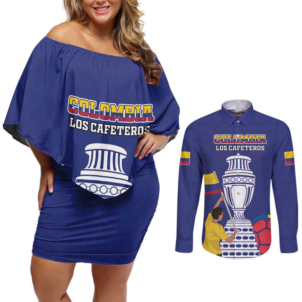 Custom Colombia Football Couples Matching Off Shoulder Short Dress and Long Sleeve Button Shirt 2024 Copa America - Wonder Print Shop