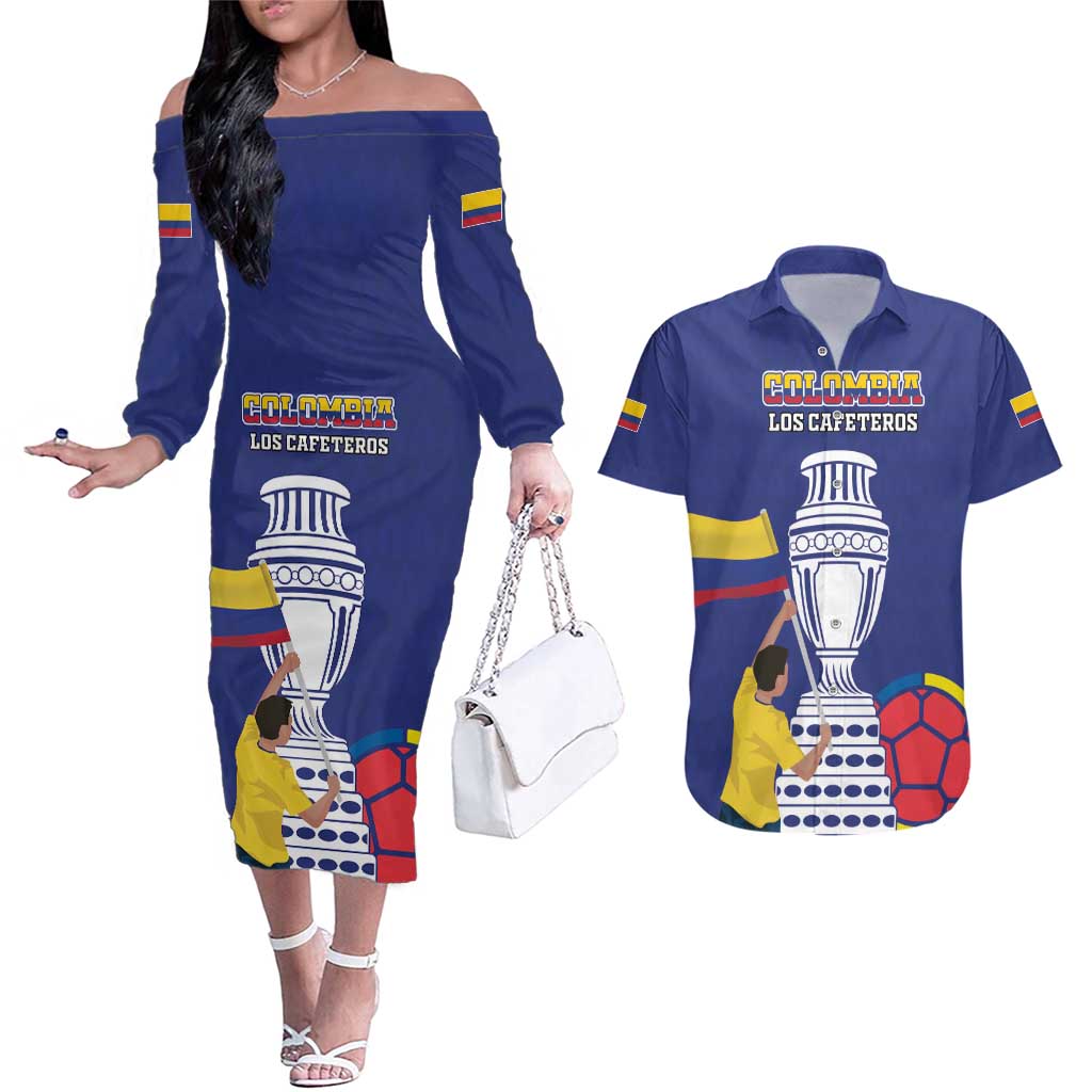 Custom Colombia Football Couples Matching Off The Shoulder Long Sleeve Dress and Hawaiian Shirt 2024 Copa America - Wonder Print Shop