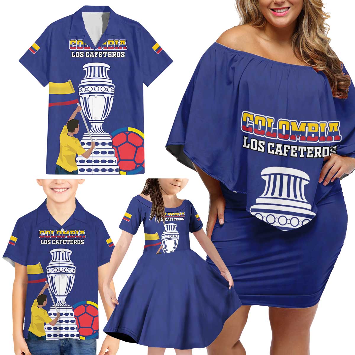 Custom Colombia Football Family Matching Off Shoulder Short Dress and Hawaiian Shirt 2024 Copa America - Wonder Print Shop