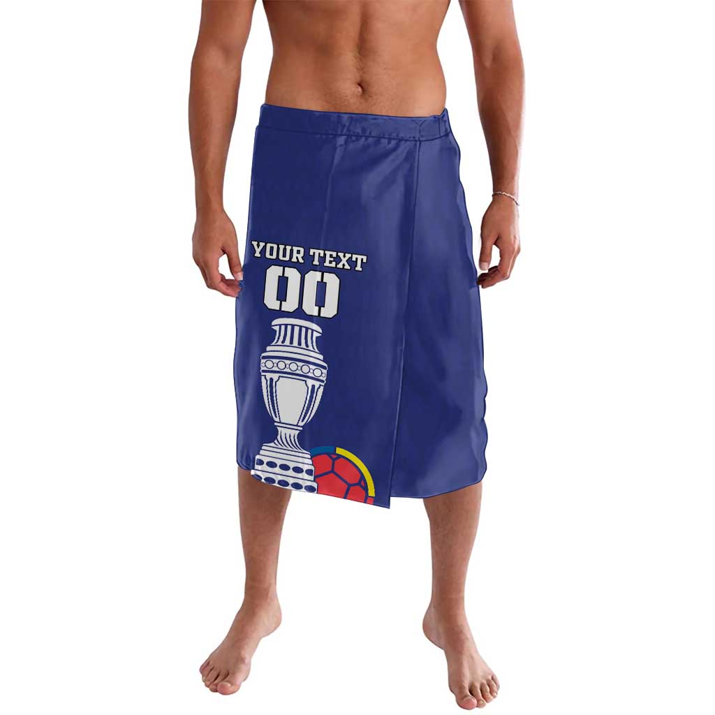 Blue football shorts with elastic waistband and front graphic print, custom text and number