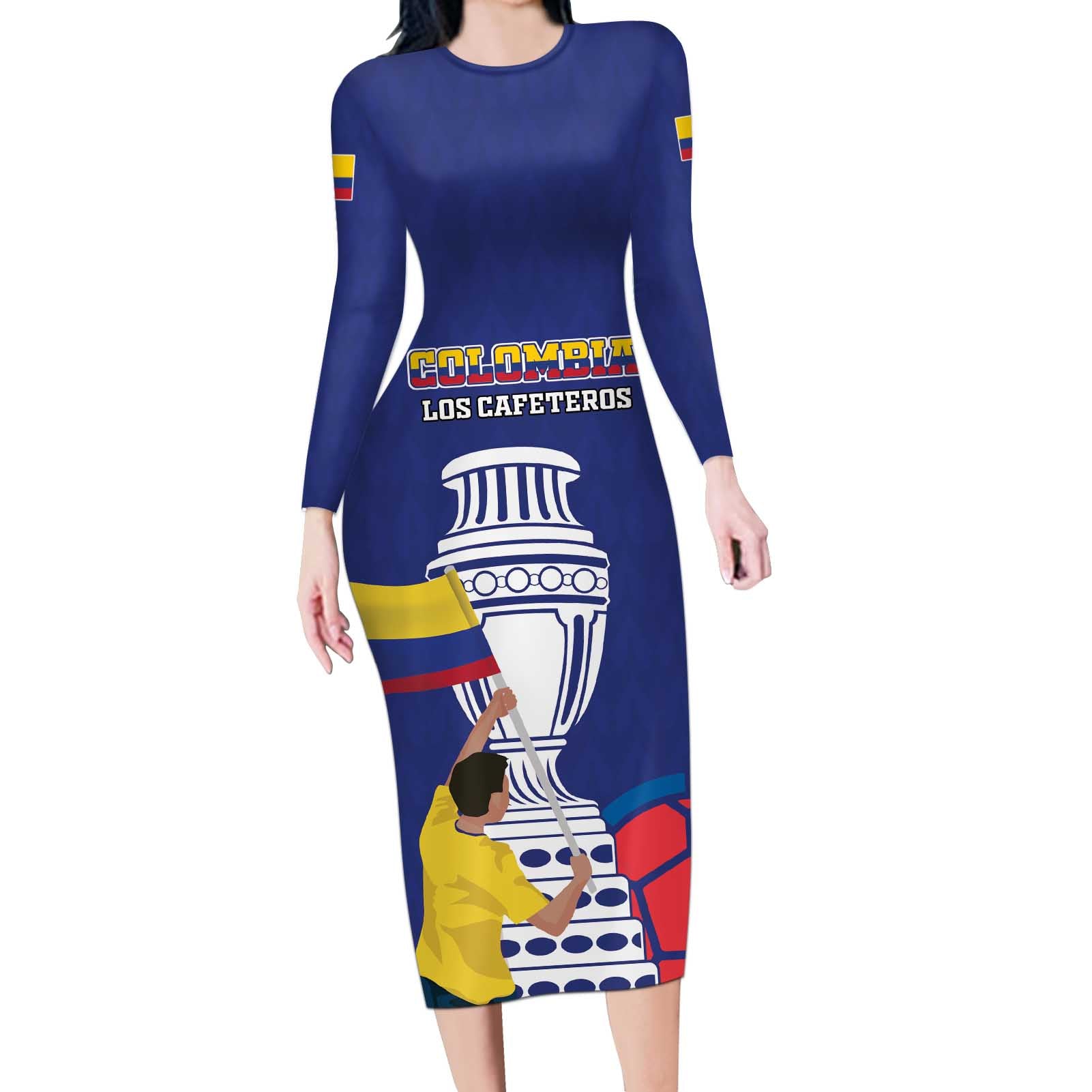 Custom Colombia Football Long Sleeve Bodycon Dress 2024 Copa America - Wonder Print Shop