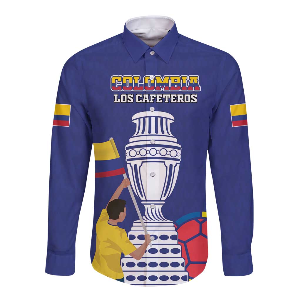 Blue long-sleeve button shirt with Colombia crest and graphic front, flag patch sleeves