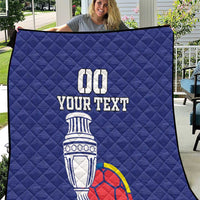 Blue custom football quilt with 00, YOUR TEXT, trophy and soccer ball graphic