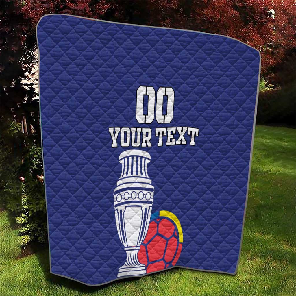 Blue quilt leaning on lawn with 00, YOUR TEXT, trophy and soccer ball graphic