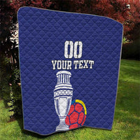 Blue quilt leaning on lawn with 00, YOUR TEXT, trophy and soccer ball graphic
