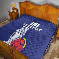 Blue quilt on bed with 00, YOUR TEXT, trophy and soccer ball graphic