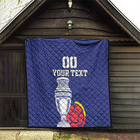 Blue football quilt hanging on doorway with 00, YOUR TEXT, trophy and soccer ball