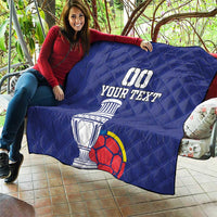 Blue quilt on patio couch with 00, YOUR TEXT, trophy and soccer ball graphic