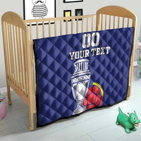 Blue quilt on crib with 00, YOUR TEXT, trophy and soccer ball graphic