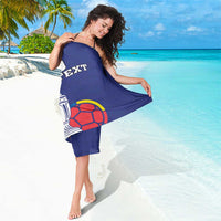 Blue custom football sarong towel wrap with 'YOUR TEXT' and cup-and-ball artwork