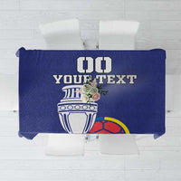 Blue football-themed tablecloth with trophy graphic and bold custom text