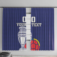 Blue window curtains with Colombia emblem and soccer ball, centered 'Your Text' panel