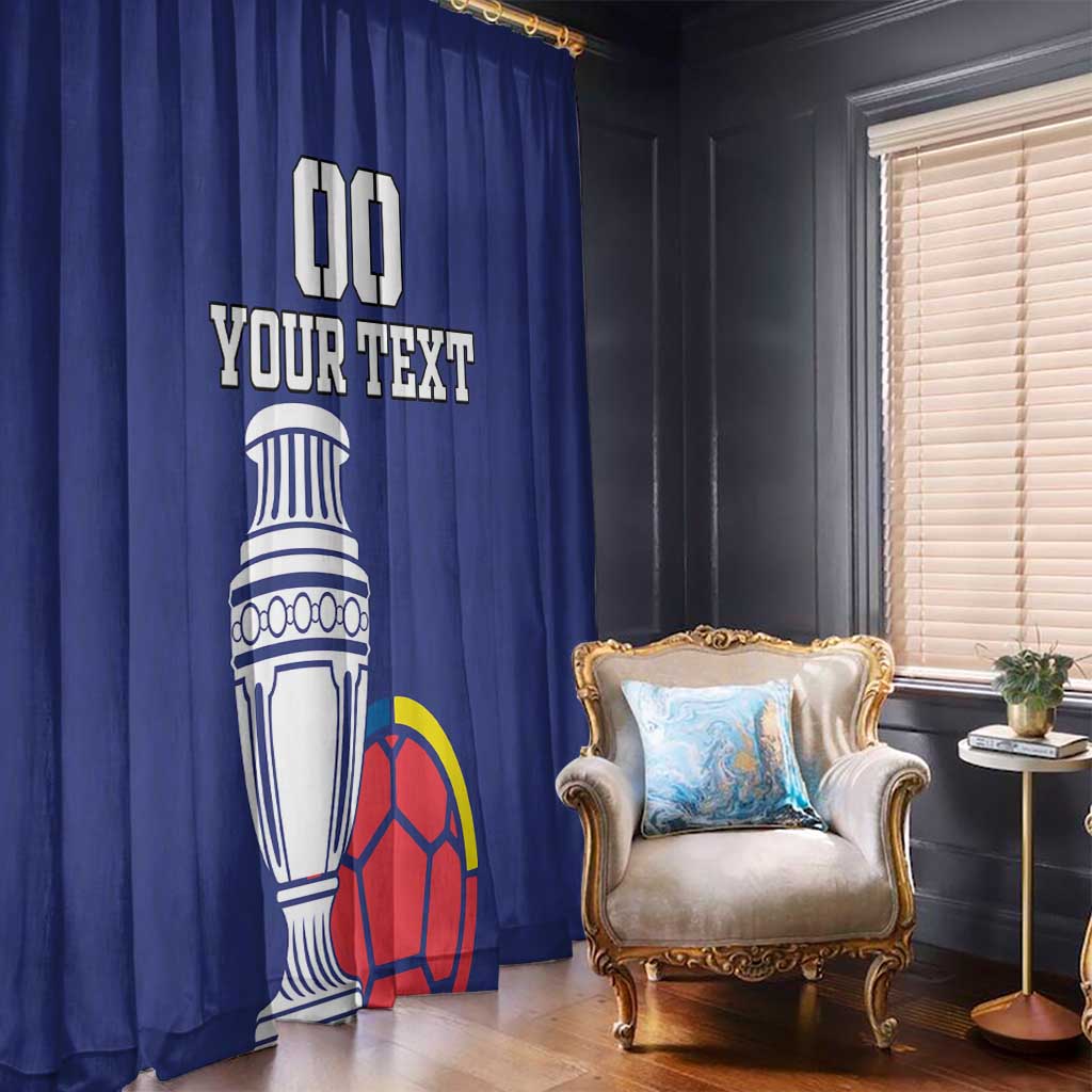 Blue window curtain with Colombia trophy and soccer ball graphic, featuring 'Your Text'