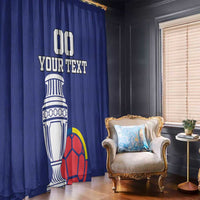 Blue window curtain with Colombia trophy and soccer ball graphic, featuring 'Your Text'