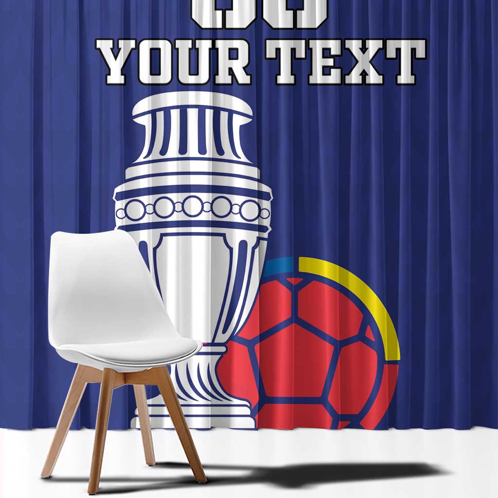 Blue football window curtain with white Colombia emblem, soccer ball, and 'Your Text' print