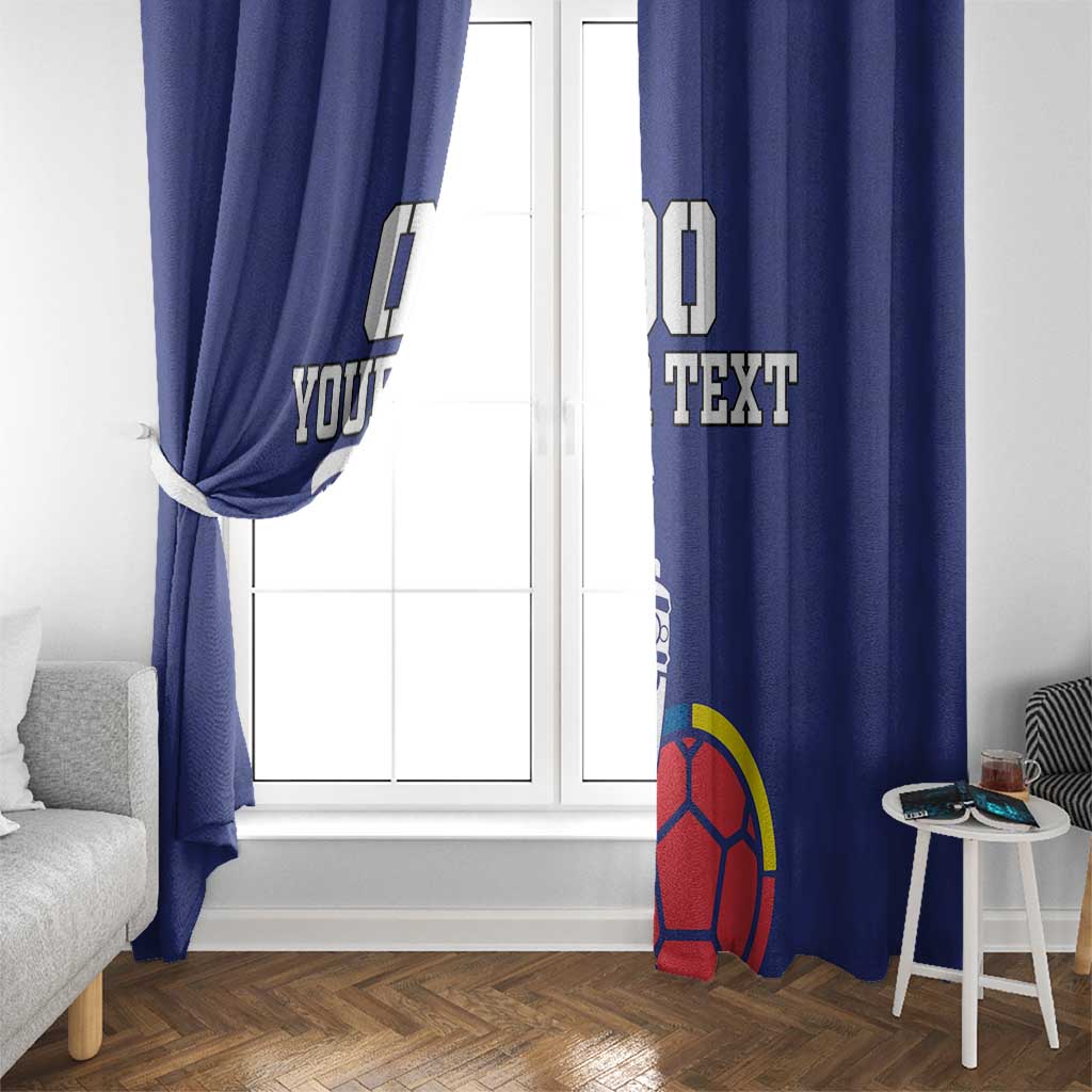 Pair of blue window curtains with Colombia emblem, soccer ball, and 'Your Text' design