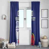Blue curtain pair with Colombia trophy and soccer ball print, includes customizable 'Your Text'